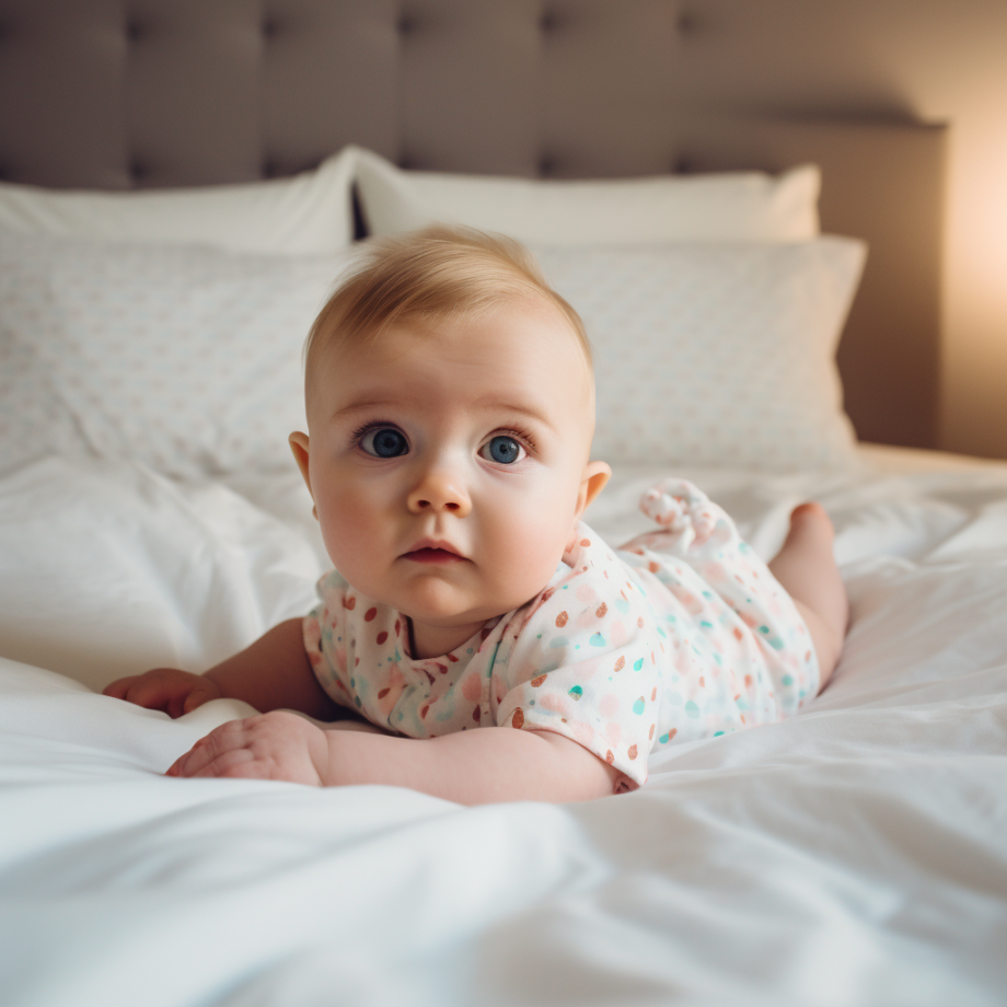baby laying on a bed