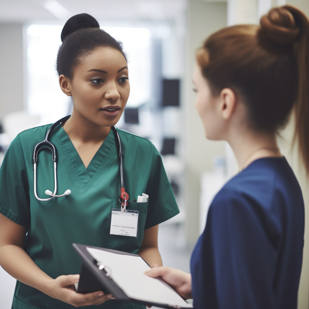 Nurse talking to another nurse about their patient