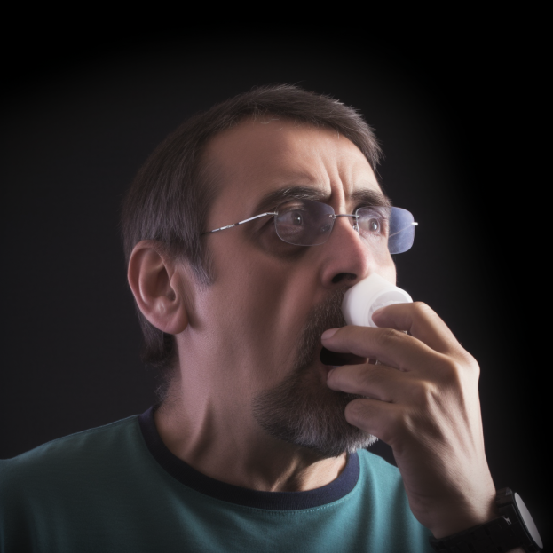 Man with asthma using an inhaler