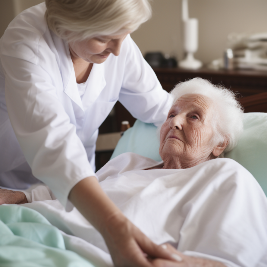 Older woman in a bed, receiving help from a nurse