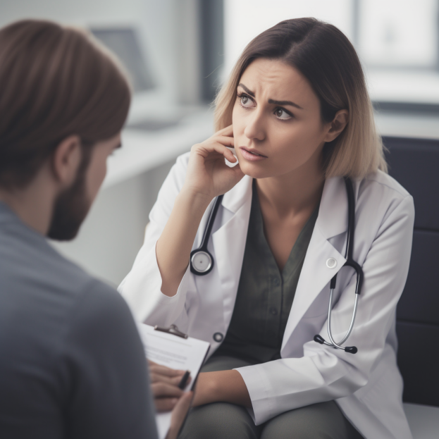 Female doctor talking to her patient about his results