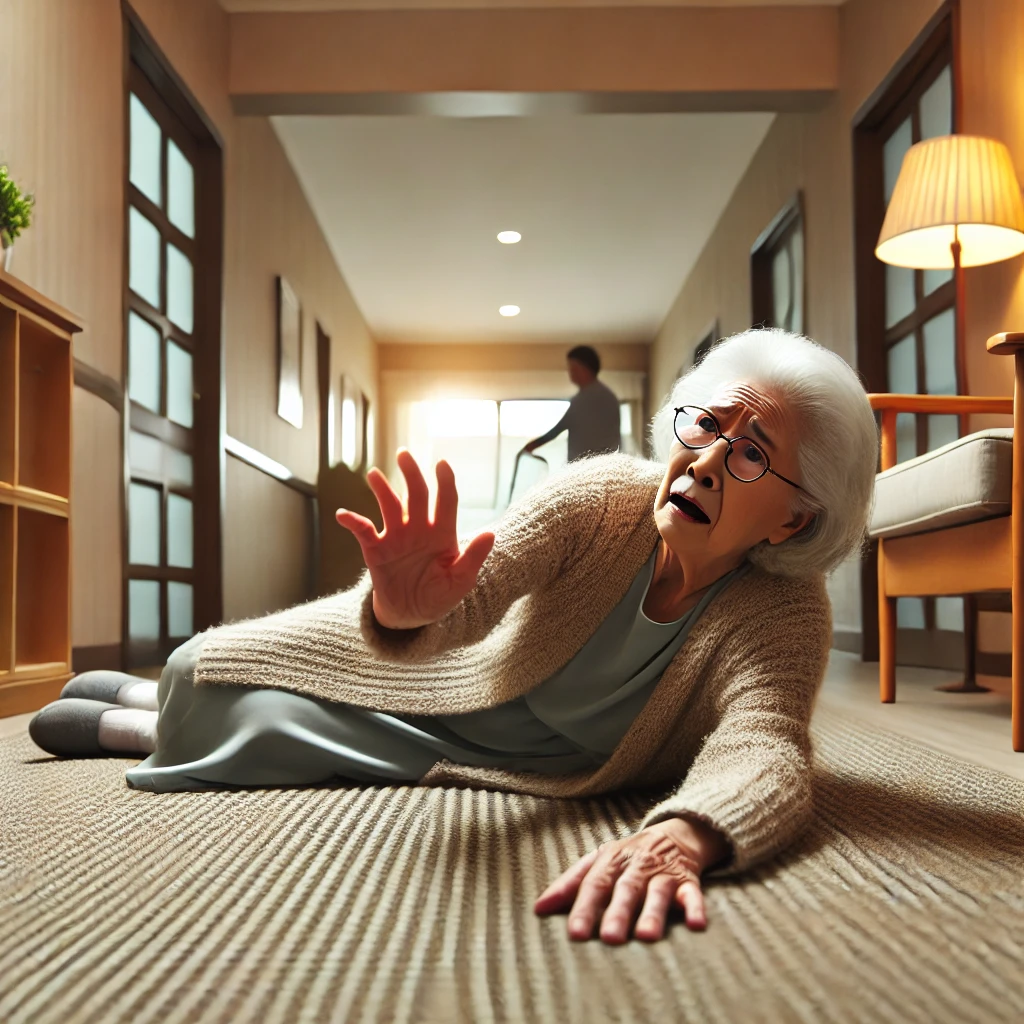 older asian lady laying on the floor of a nursing home after a fall